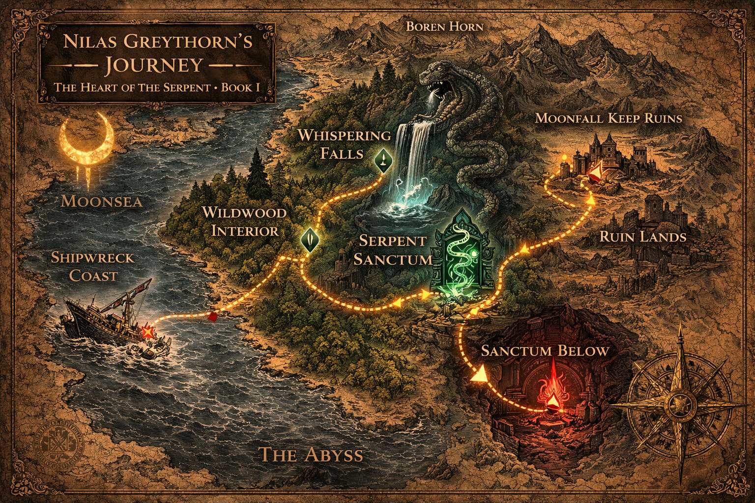 A map of Nilas' Journey in The Heart of the Serpent